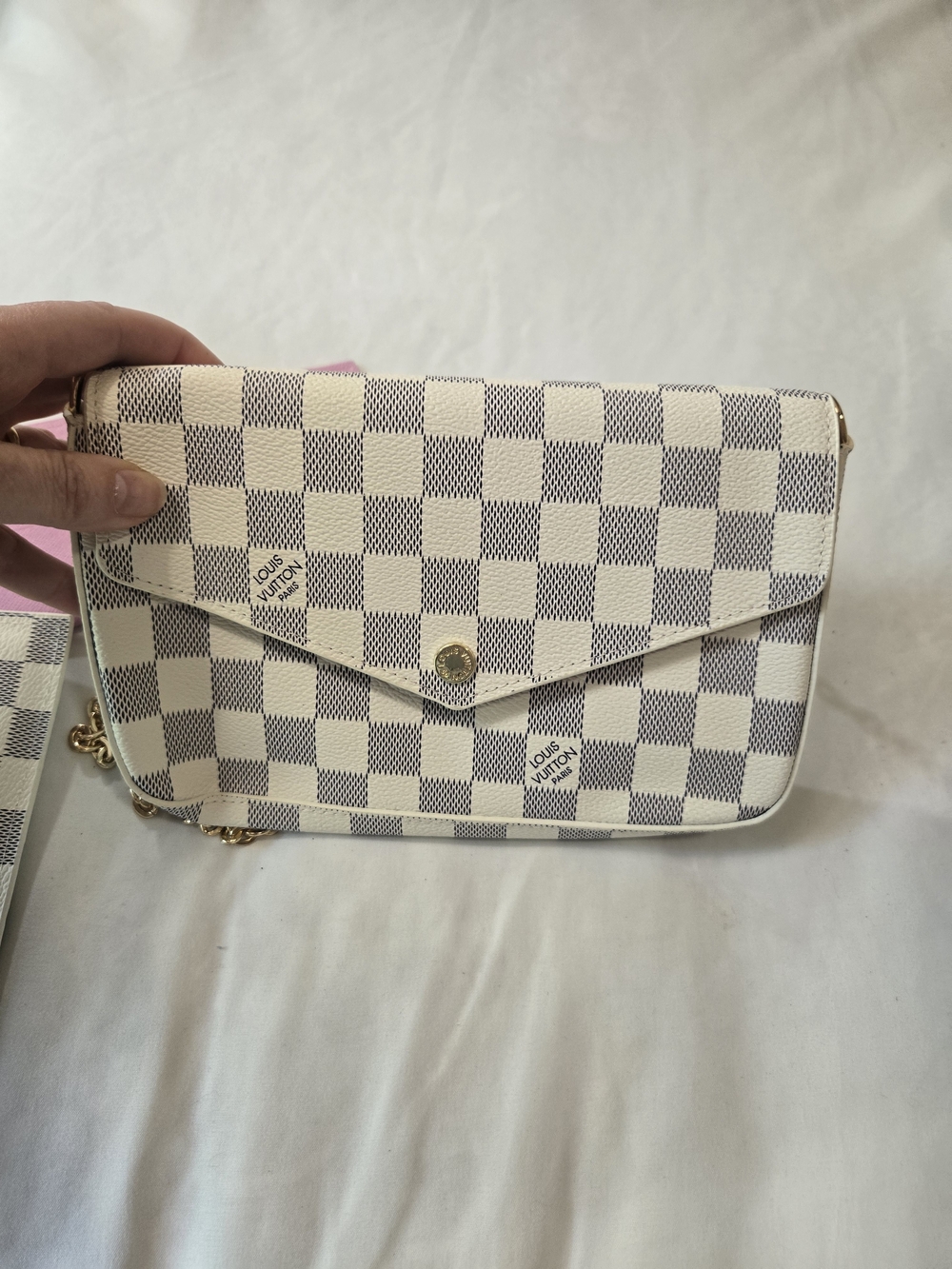 Adorable Damier Azur Pink-Trim Chain Pochette with Gold Chain - Picture 2 of 11